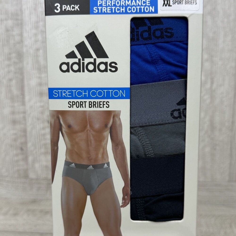 Adidas Men’s XXL Sport Briefs Underwear 3-Pack Stretch Cotton Blue Black Gray
